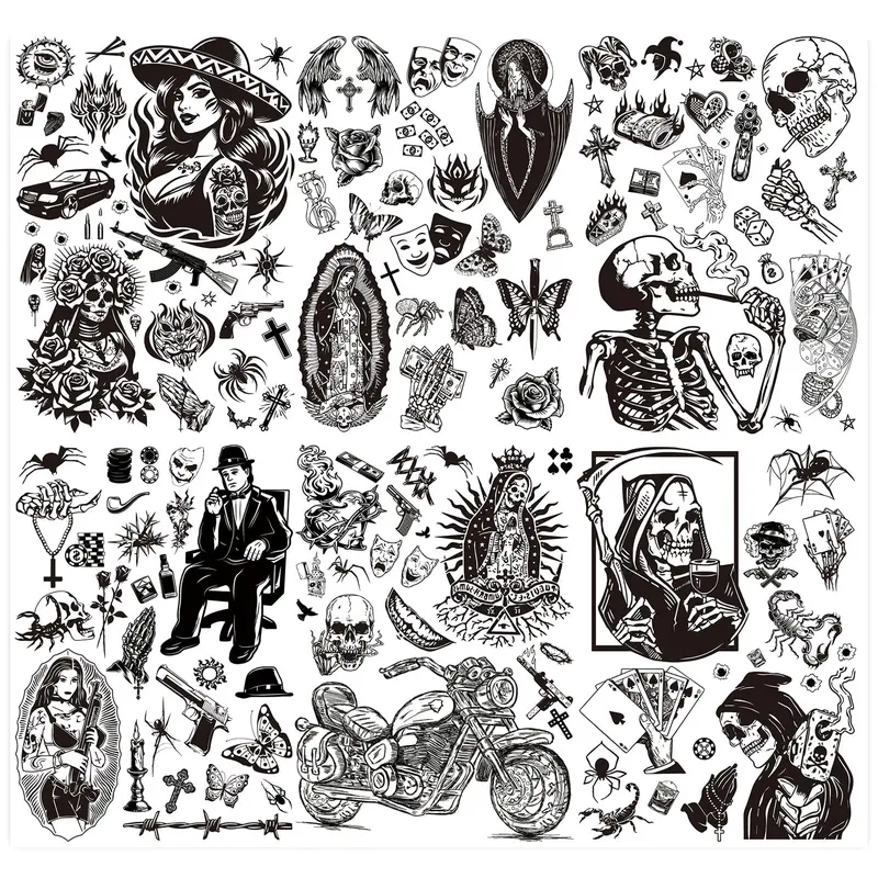 Tattoos Temporary for Adults, 8 Sheets 180+ Large Fake Tattoos, Chicana, Guadalupe, Gangster, Prisoner, Mexico, Chicano Party Decorations, Clothes, Tatuajes Temporales para Hombres