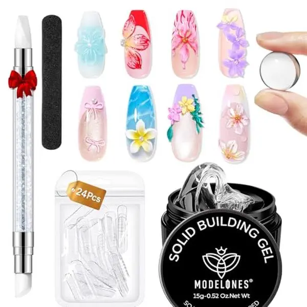 modelones 3D Sculpting Gel Kit，Clear Solid Nail Builder Hard Gel for Nail Art Molding & Extensions Non-Sticky for Chrome Powder Salon or Home DIY Spring Manicure Cured Needed