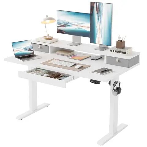 Agilestic Ergonomic Electric Height-Adjustable Standing Desk - Home Office Computer Working Desk with 3 Drawers, Large Storage Shelf, 2 Hooks, Dual Monitor Mount (Black/White/Rustic Brown) - Work from Home Furniture