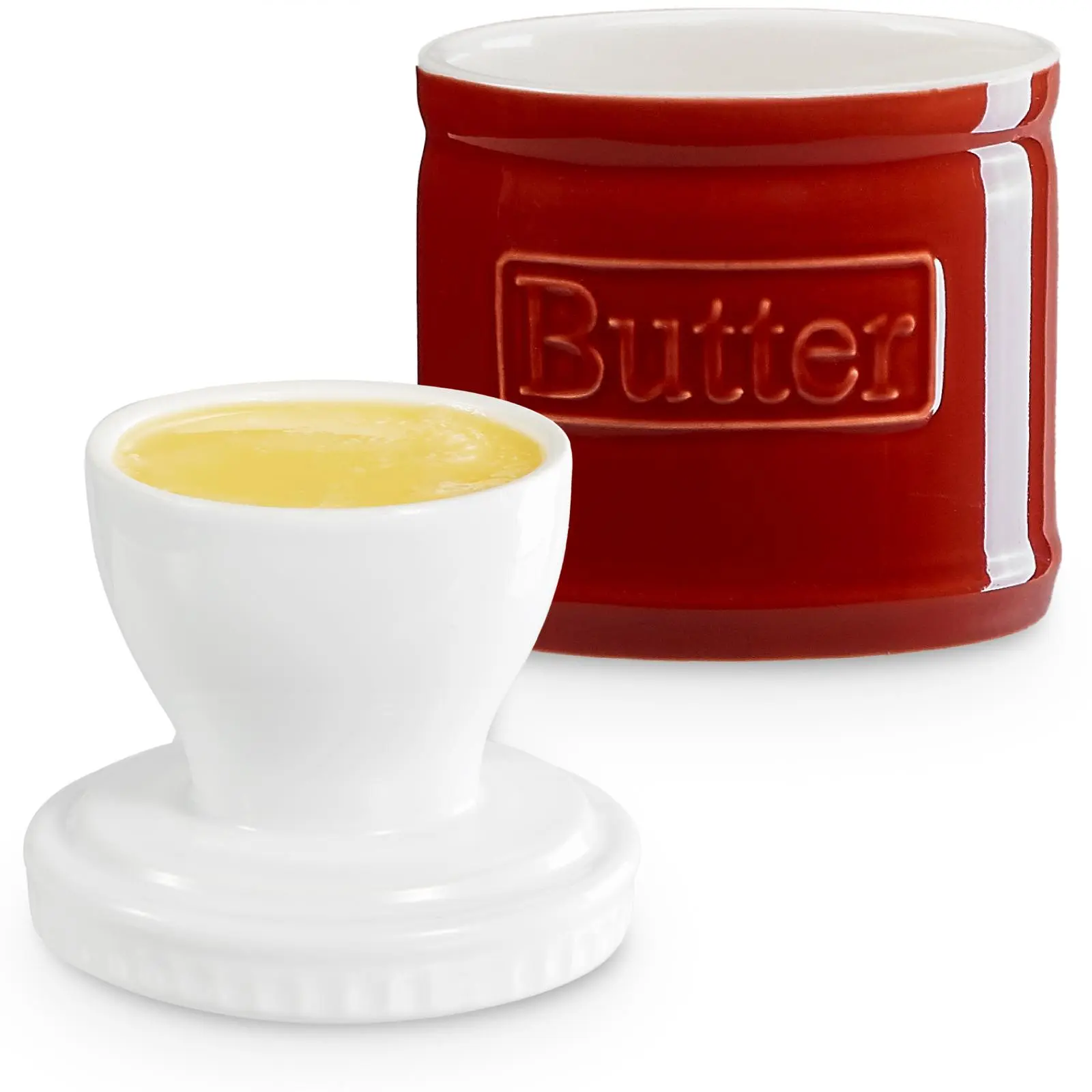Ceramic Butter Keeper with Lid - Preserving Containers, Fresh Spreadable Butter Dish, Water Line Indicator, 1pc Kitchen Food Storage Container,dark red. Utensils