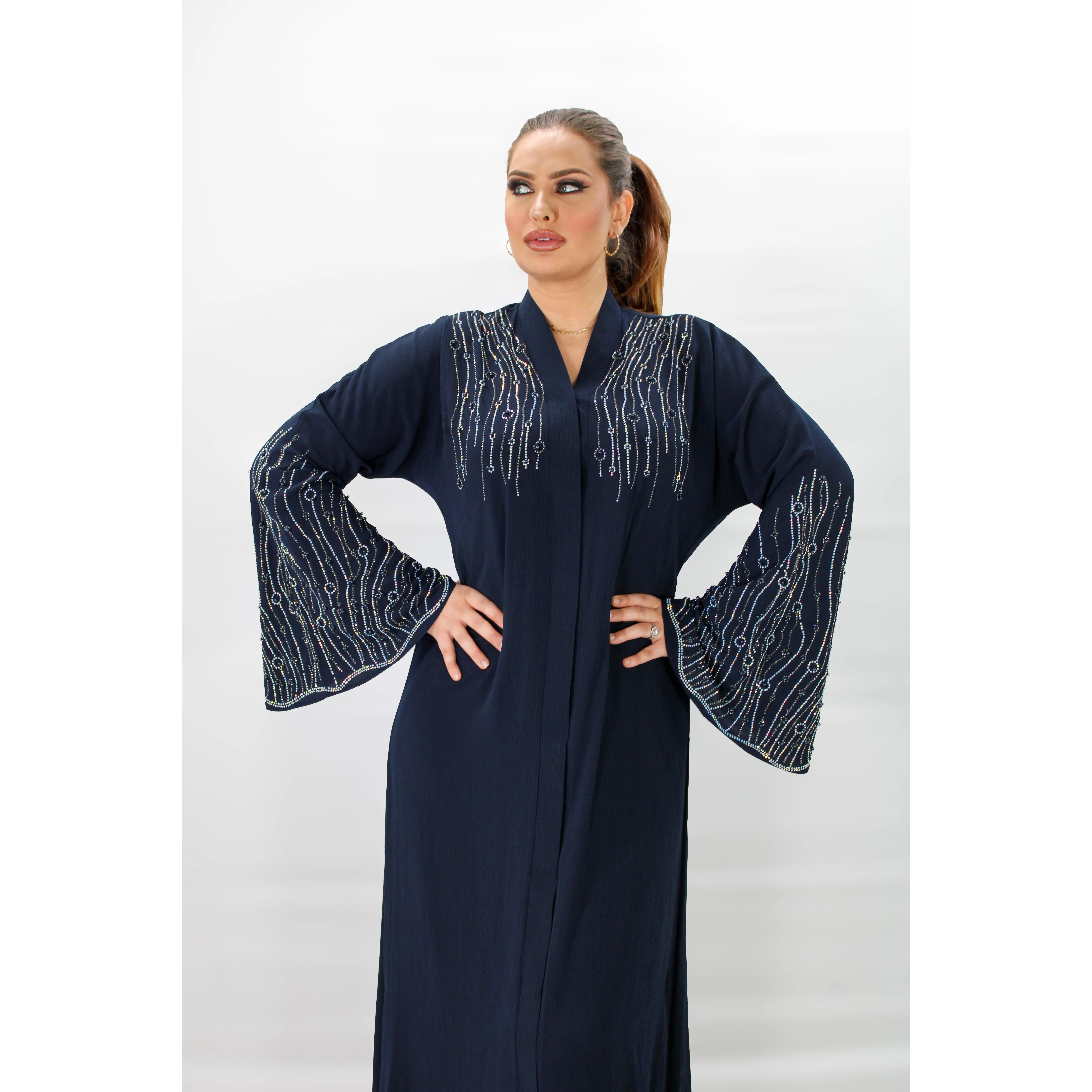 Zainab Abaya Navy Blue Long Sleeve American Style Embroidered Detail Comfortable Fit for All Seasons
