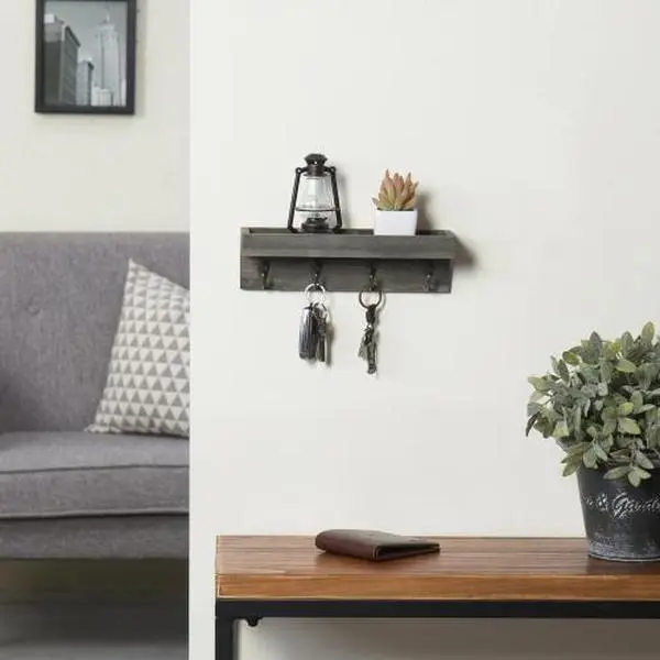 Vintage Grey Wood Wall Mounted Entryway Shelf w/ 4 Antique Metal Hooks