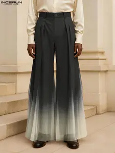 INCERUN Men's Fashion Casual Loose Fit Printed Gradient Ombre Mesh Mosquito Net Long Pants, Comfortable and Breathable Summer Wear