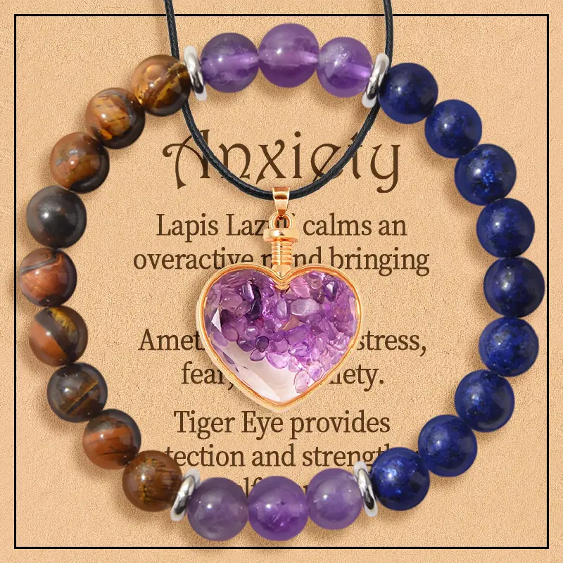 3 Styles Natural Amethyst Necklace and Amethyst Anxiety Bracelet, Stress Relief Calming Christmas Jewellery Set Gift