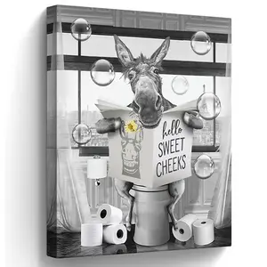 [ Funny Donkey Art] Vintage Funny Donkey Reading Newspaper Canvas Wall Art, Reusable Polyester, Bathroom Decor, Animals Artwork
