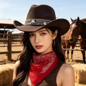 Retro Wide Brim Cowgirl Hat with Handmade Beaded Turquoise Accent & Red Bandana for Festivals & Rodeo