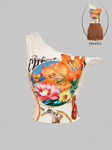 Summer Women's Casual Fit Top with Floral Print Design, Stylish Asymmetrical Shoulder Cut Out, Perfect for Daily Wear, Vacation, Beach