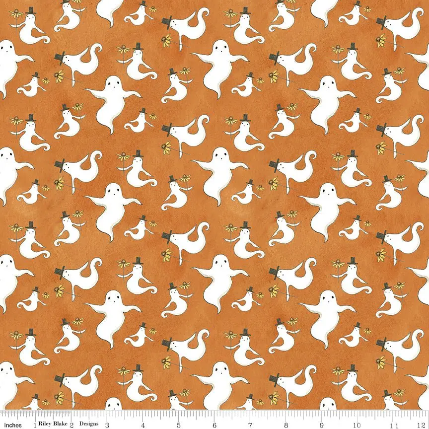 Spooky Ghosts Orange Fabric by the Yard or Fat Quarter - Teresa Kogut for Riley Blake Designs