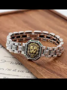 New Luxury Lion Bracelet, Diamond Lion Head Wristband, Elegant Commuter Accessory, Trendy Men's Fashion Jewelry, Hand Chain Jewelry, Cuban Link Bracelet, Cuban Link Bangle, Cuban Chain Bracelet
