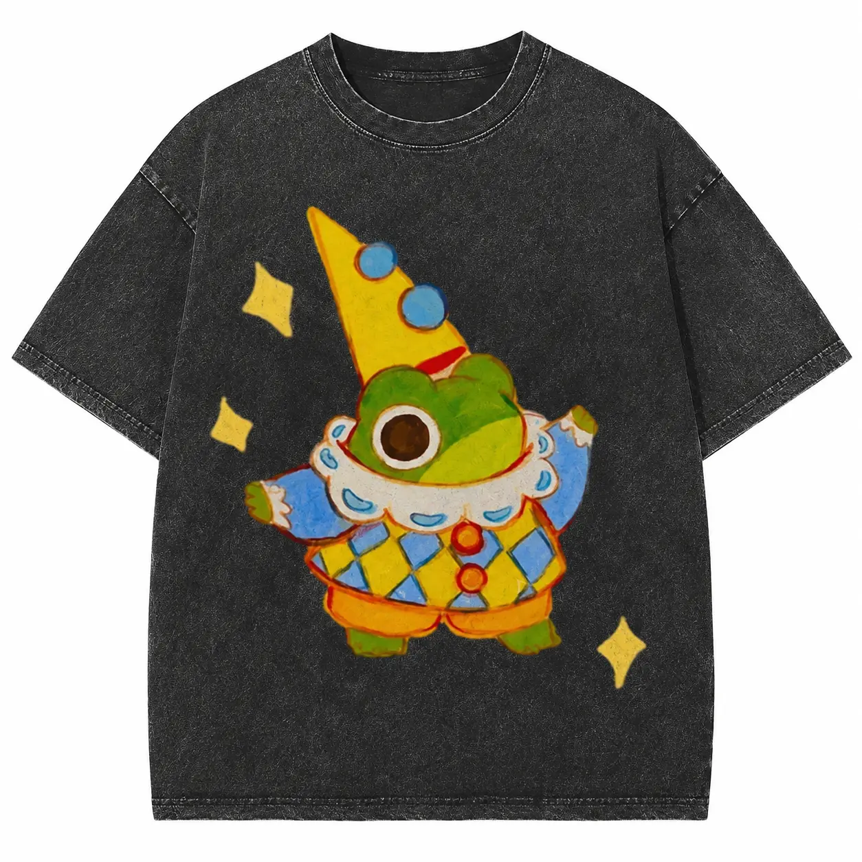 Menswear Men's Round Neck Vintage Graphic Tee - Oversize Cut Washed Cotton Unisex Streetwear Top, Casual Short Sleeve, Vintage Star Frog Design, Vintage Graphic Tees Casual Crew Neck Crewneck