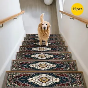 15pcs Anti-Slip Stair Mats Set, Persian Style Carpet, Home Stair Protection Pad, Durable Non-Slip Mat, Pet Friendly Stair Decor