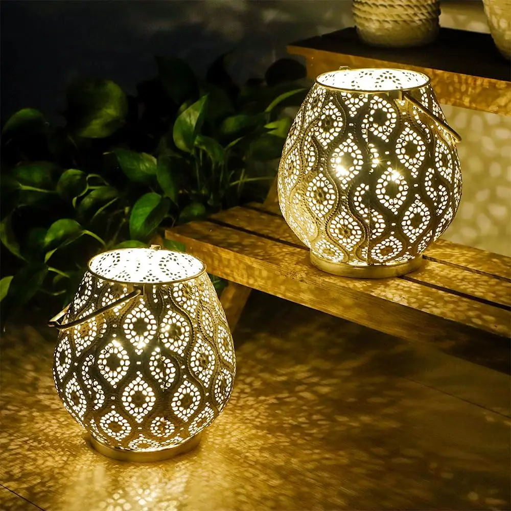 Set of 2 Moroccan Decorative Lamps 8'' High   Cordless Lamp Metal Table Lamps with Fairy Lights Bulb for Home Living Room Garden Yard Party Events Tabletop Indoor Outdoor(White)