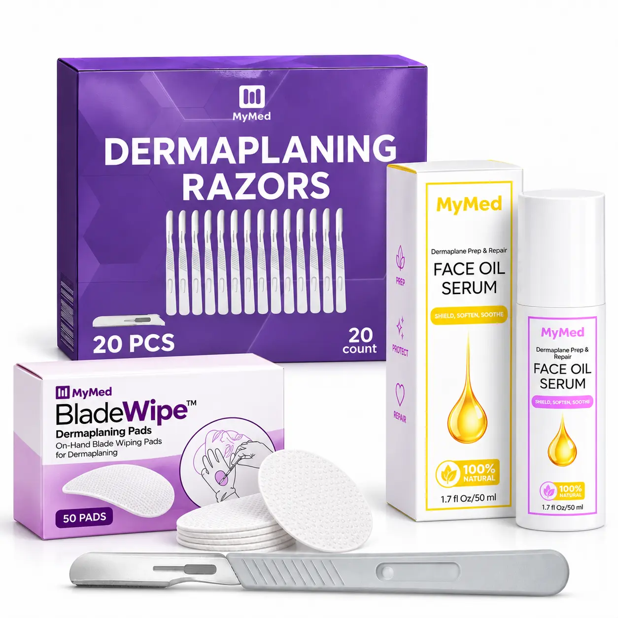 MyMed Complete Cosmetic Dermaplaning Routine Bundle – 20 Razors + Dermaplaning Oil + 50 BladeWipe Pads