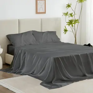 Luxury Silk Queen Bed Sheet Set – Soft & 4-Piece Deep Sheets – Elegant Bedding with 1 Fitted Sheet, 1 Flat Sheet & 2 Pillowcases – Dark Grey