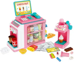 FS Kids Pretend Play Store Set with Toy Cash Register for Kids, 45 Piece Accessories Grocery Store Playset with Scanner, Food & Play Money & Ice Cream Maker for 3+ Kids 5-8 Girls, Pink