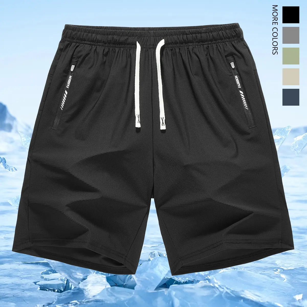 Men's Ice Silky Fiber Athleisure Shorts - Adjustable Drawstring Waist, Zipper Pockets Shorts with Pocket - for Gym Workouts, Casual Wear