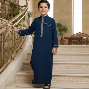 Middle Eastern Muslim Traditional Boys' Dark Blue Thobe with Embroidery, Stand-Up Collar and Square Buttons, Long Sleeves with Side Pockets, Clothing for Ramadan Celebrations (Eid al-Fitr/Eid al-Adha), Children's Islamic Clothing, Modesty