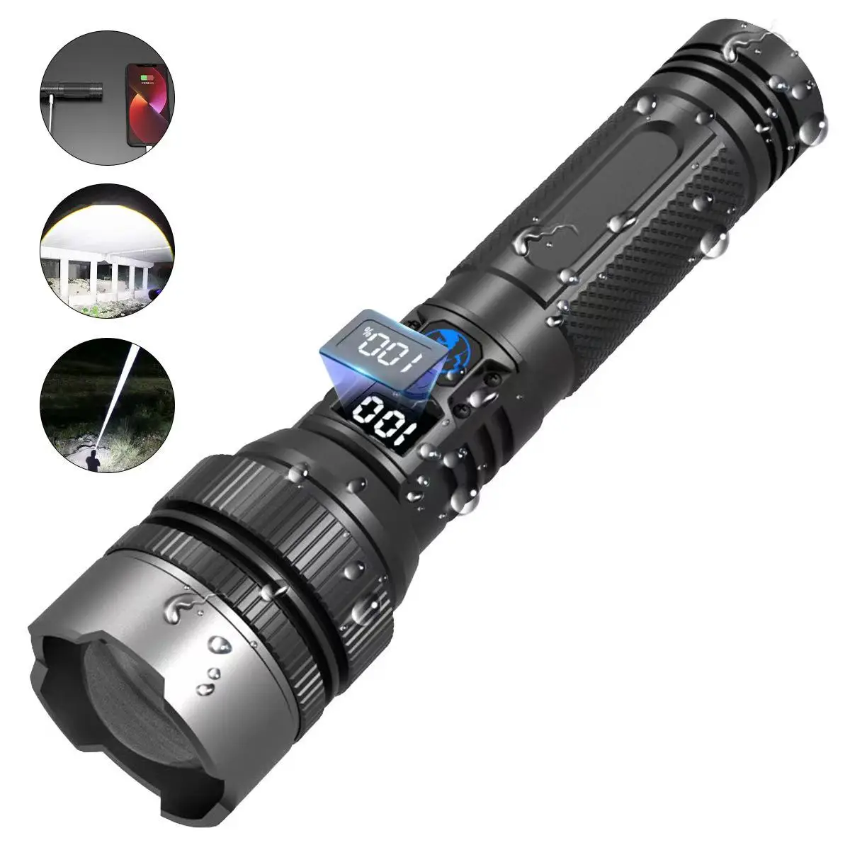 2-in-1 Strong Flashlight (Power Bank),Digital display of power, Rechargeable,Zoomable, , X4Waterproof, Adjustable Brightness Flash Light for Outdoor,