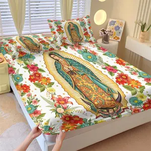 3-Piece Virgin Mary Floral Print Fitted Sheet Set, Vibrant Mexican Folk Style Religious Bedding, 1 Fitted Sheet + 2 Pillowcases, Cozy Microfiber Bed Cover for Decorative Bedroom