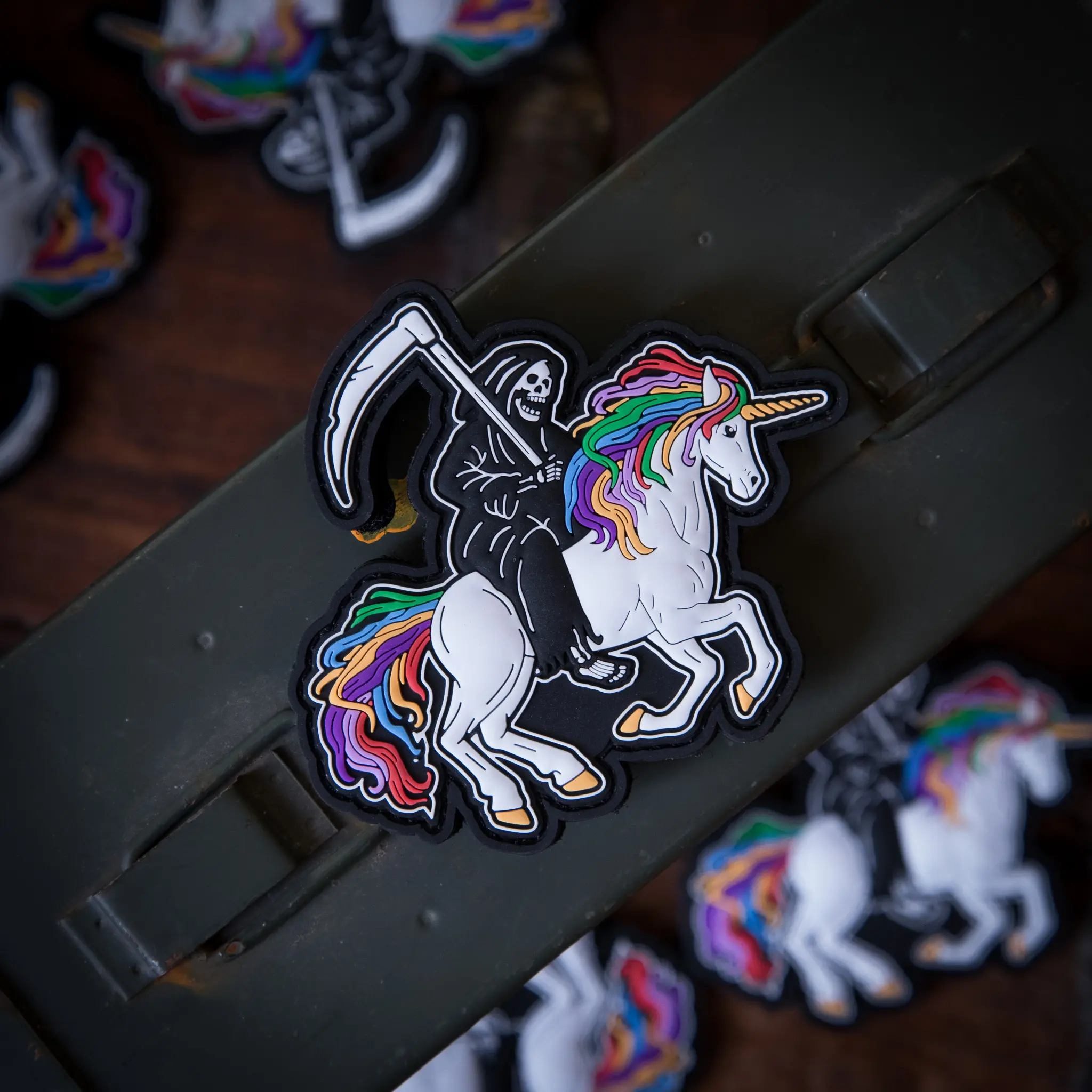 Grim Reaper Unicorn PVC Morale Patch | Funny Waterproof Hook & Loop Rubber Patch | Tactical Backpack Patch