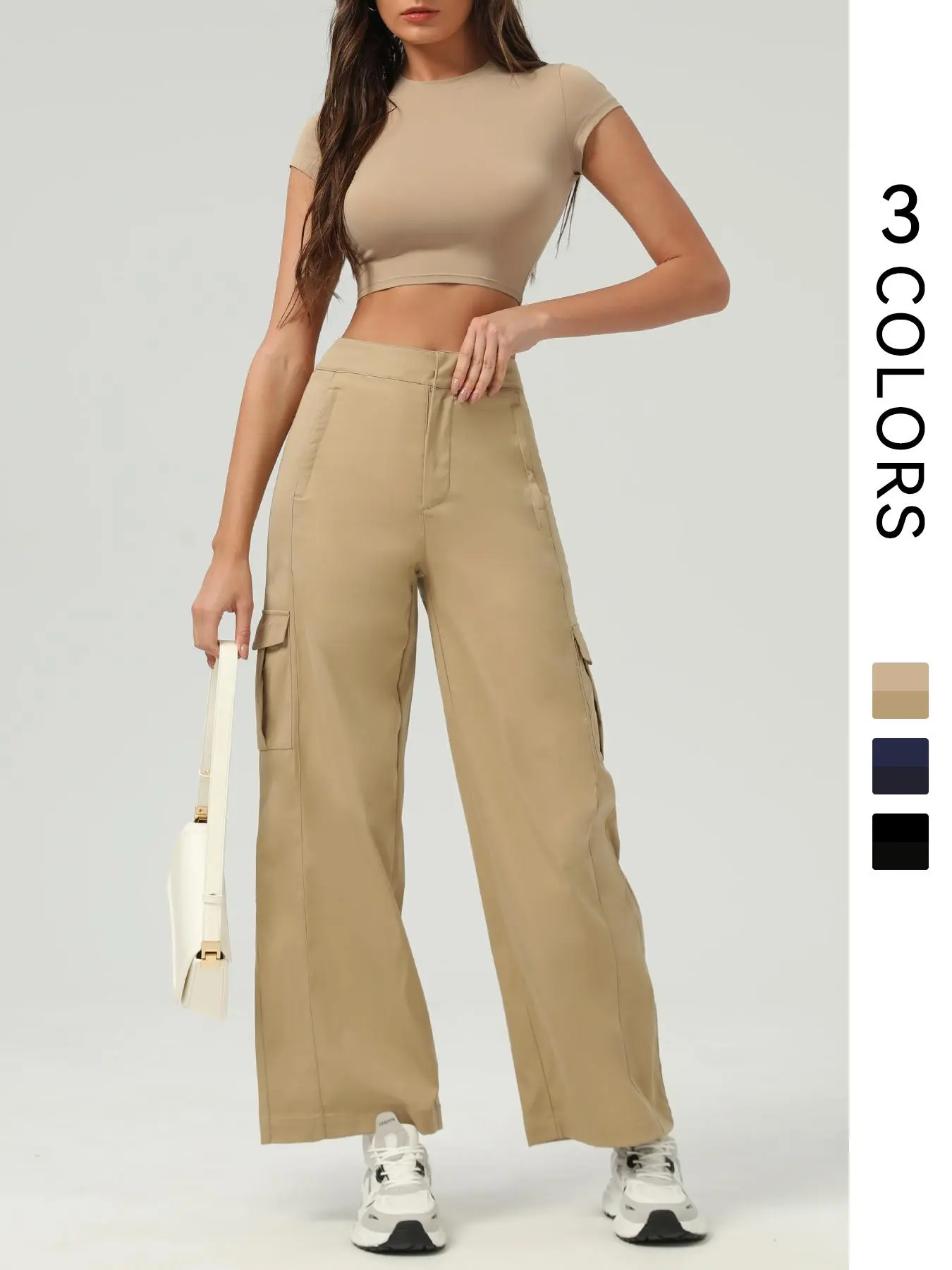 Two-piece Set Women's Solid Crop Tee & Wide Leg Cargo Pants, Casual Fashion Cozy Breathable Clothes for Daily Outdoor Wear, Ladies Clothes for All Seasons, Suits