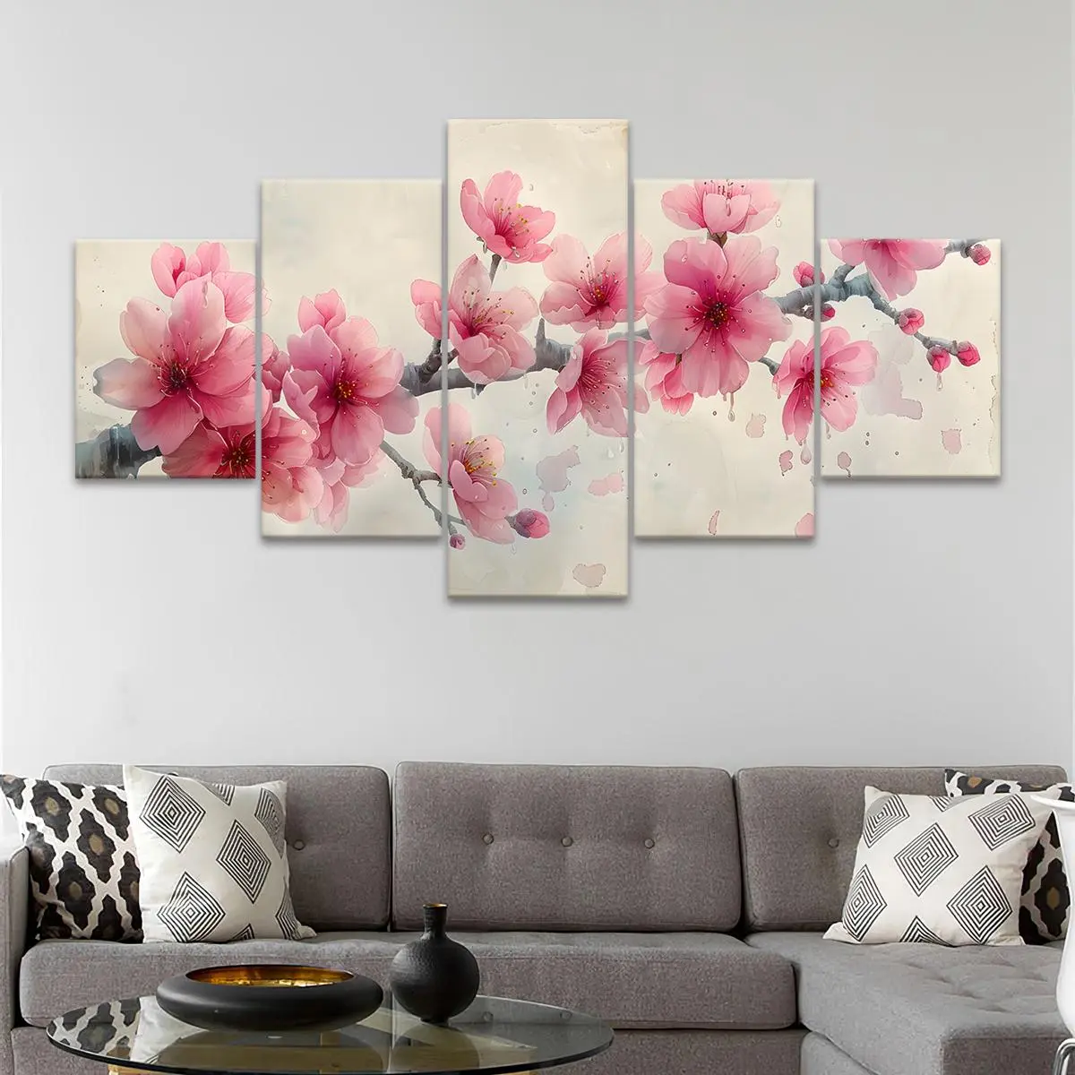 Cherry Blossom Pattern Canvas Painting, 5 Counts/set Modern Art Aesthetic Wall Decor, Wall Art for Home Living Room Bedroom Office, Wall Art Decoration, Decorative Artwork, Floral Prints, Ornaments