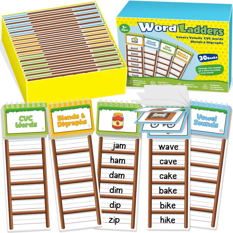 Torlam Vocabulary Flash Cards - 30 Word Ladder Flip Books, Phonics Word Family Build Book, Laminated Educational Toy for Toddlers, Classroom Activities Tool for Toddler Learning Activities, Improves Vocabulary & Interactive Spelling Practice