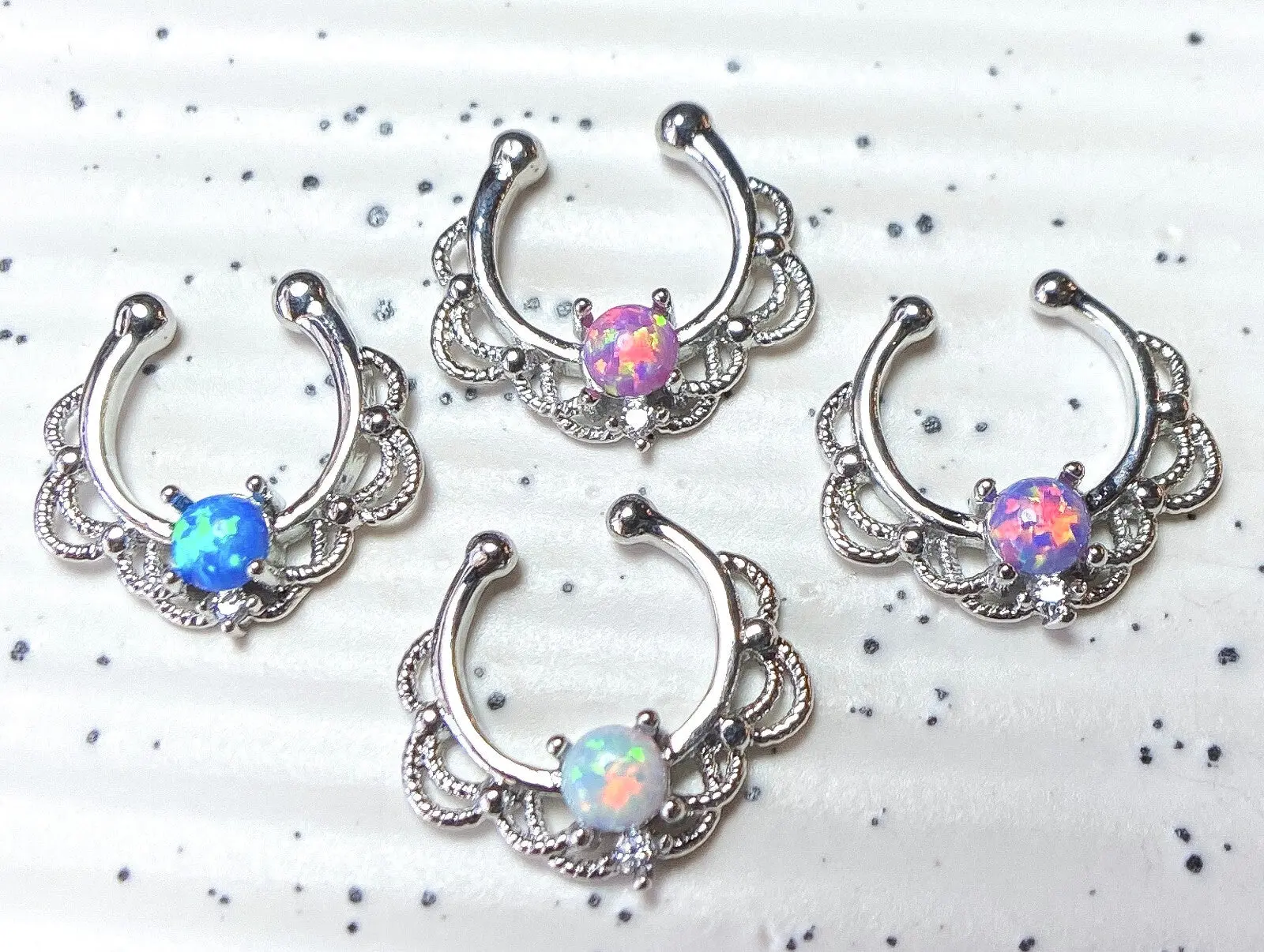 1pc NON-Pierced Lacey Single Opal Septum Hanger Fake Clip-on Nose Ring