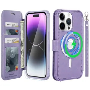 VANAVAGY Wallet Case Compatible for iPhone 17/16/15/14/13/12/ Pro Max/Plus/Pro Mini/Air ,Leather Flip Folio Wrist [Screen Camera Protector Included][Compatible for Magsafe and Wireless Charging] RFID Block Credit Card Holder