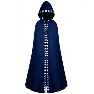Men's Moon Pattern Printed Hooded Cloak, Ceremony Robe Gift for Halloween Party