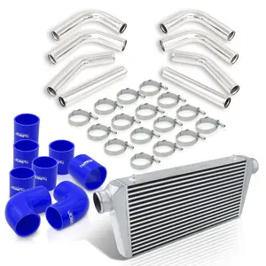 Universal 3" 8 Pieces Aluminum Piping Kit Polished (x2 Straight / x2 90 Degree / x2 120 Degree / x2 135 Degree) + Silicone Couplers Blue + Universal Aluminum Intercooler (Bar & Plate | Overall: 31.0" x 11.75" x 3.0" | Core: 23.0" x 11.0" x 3.0")