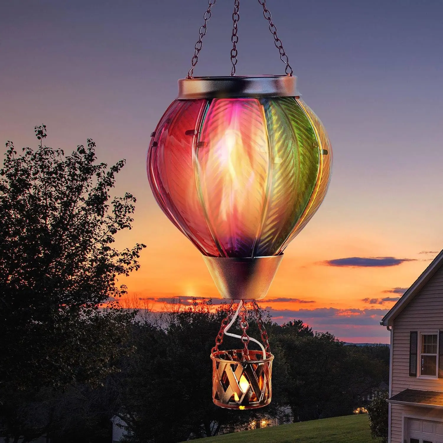 Solar Hot Air Balloon Lantern - Stained Glass Hanging Light with Flickering Flame, Waterproof Outdoor Decor for Patio, Porch, Yd, Balcony Gift