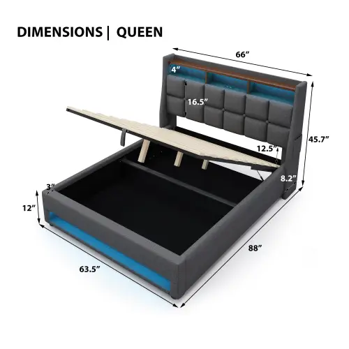 Grey  + Queen 88"L x 66"W x 45.7"H