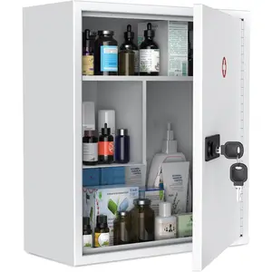 Wall Mount Medicine Cabinet with Combination & Key Lock Locking First Aid Cabinet Lockable Medical Cabinet Large Capacity Medicine Organizer Secure Steel Wall Cabinet Metal Storage Box, White