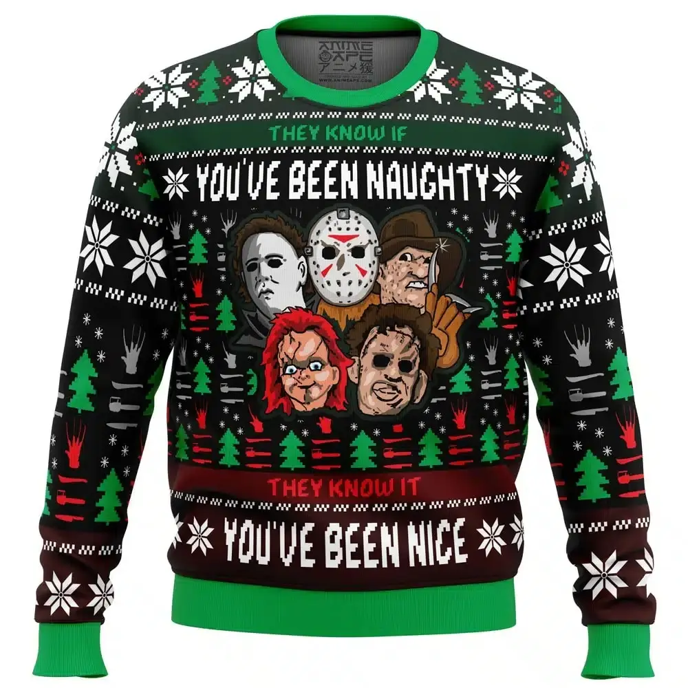 Horror Movie Killers Ugly Christmas Sweater 3D Naughty Nice Halloween Xmas Pullover Slasher Villains Streetwear Casual Warm Oversized Sweatshirt Men Women Winter Fall Gift Idea