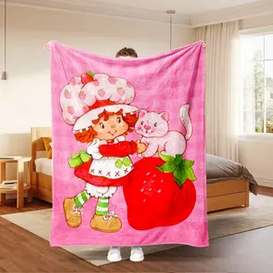 Strawberry Girl Print Cartoon Pattern Blanket, Soft Warm Throw for Home, Sofa, Bed, Office Nap, Camping Travel Multi-Use Blanket