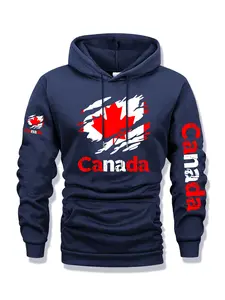 Men's Canada Print Zip Hoodie, Fall & Winter Casual Regular Fit Long Sleeve Sweatshirt, Fashion Daily Wear Clothing