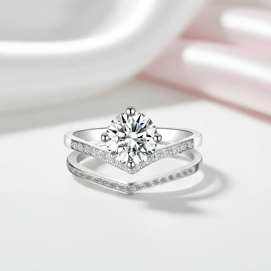 Diamond Option Wishbone Wedding Curved Half Eternity Ring Set