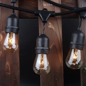 Commercial Grade Outdoor String Lights with 15 Hanging Sockets - 48 Ft Black Weatherproof Cord Weatherproof Strand for Patio Garden Porch Backyard Party Deck Yard – S14