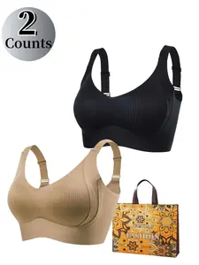 Women's Solid Wireless Bra, Soft Comfortable Breathable Ribbed Push Up Seamless Bra, Women's Lingerie, Soft Comfy Bra for All Seasons