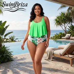 Briza｜Women's Plus Size Flowy Tankini Swimsuit Set Green Tropical Floral Print High Waisted Bathing Suit Vacation Swimwear Beach Pool Summer Two Piece Tankini, Women's Swimwear, Bathing Suit for Women, Beach Pool Summer Vacation, Swimming Water Play
