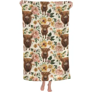 Highland Cow Floral Beach Towel 31inx51in, Rustic Farm Sand-Free Microfiber Bath Towel Ultra Soft Quick Dry Pool Towel Absorbent Towel Lightweight Towel for Swimming Bathroom Decor