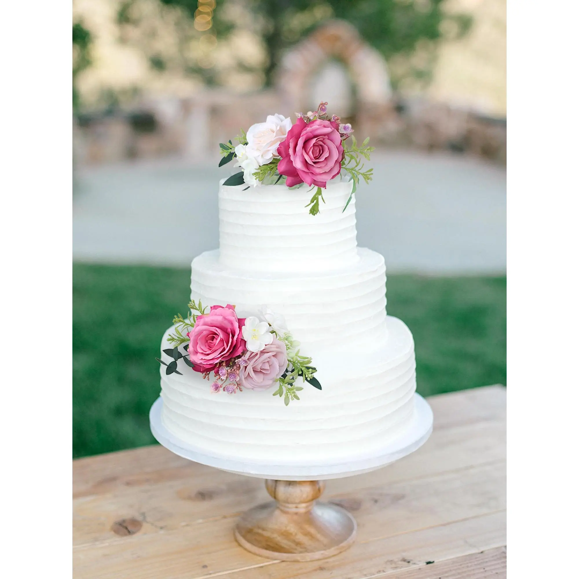 Rinlong 2-Pcs Plastic Silk Blush Pink Floral Rose Cake Topper Set, 5.5 in Lifelike Berry Wedding Home Festive Decor Ornaments