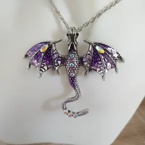 #316 Large Purple Dragon with Rhinestones Necklace with 24 inch chain, Casual Mythical Jewelry