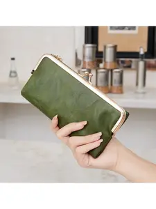 Vintage Wallets for Women Large Bifold Kiss Lock Wallet for Women Leather Zip Clutch Coin Purse