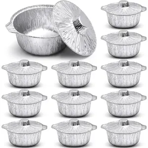 12 count Disposable  Pot with Lid Round Foil Pans Disposable Cookware  Container for Vacation Trips Camping Baking Heating Cooking (74.4 oz)