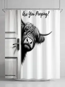 Funny Peeking Highland Cow Shower Curtain Black and White Farmhouse Animal Bathroom Decor, "Are You Pooping" Humor Quote Waterproof Fabric Bath Curtains with Hooks, Novelty Gag Gift