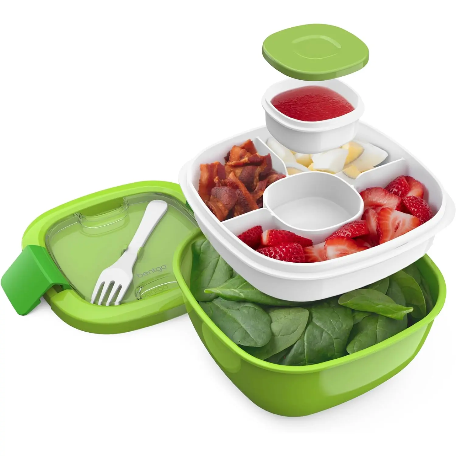 Bentgo All-In-One Salad Container - Large Salad Bowl, Bento Box Tray, Leak-Proof Sauce Container, Airtight Lid, & Fork for Healthy Adult Lunches; Bpa-Free & Dishwasher/Microwave Safe (Green) Bentgo