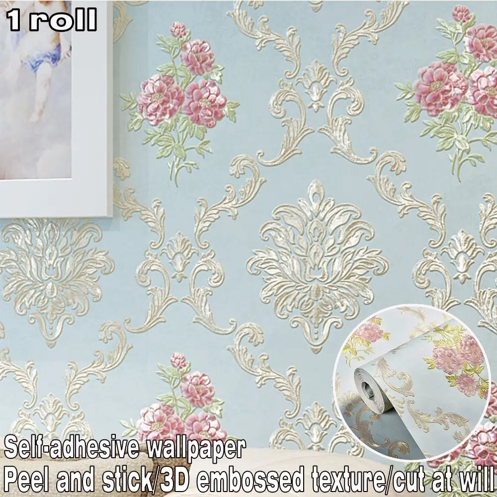 European Style Floral Self-Adhesive Wallpaper, 3D Embossed Texture, Easy to Cut and Paste, Ideal for Bedroom, Living Room, Restaurant, Floral Wallpaper Peel And Stick