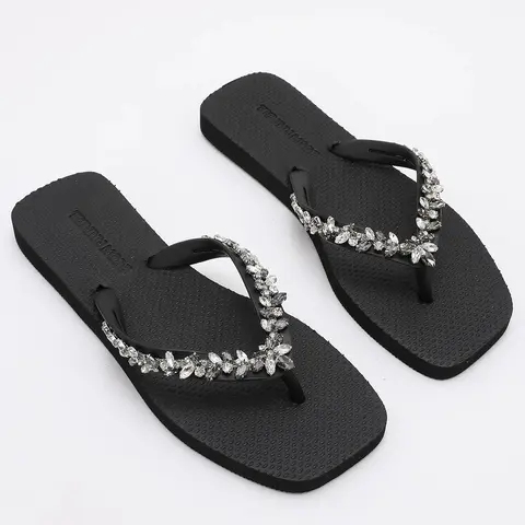 Women's Fashion Flip Flops - Casual Flat Sandals, Quick Slip-On, Non-Slip Sole, Breathable Lightweight, No-Heel, Synthetic Strap, Open-Toe, Rhinestone Trim Summer Shoes for Women